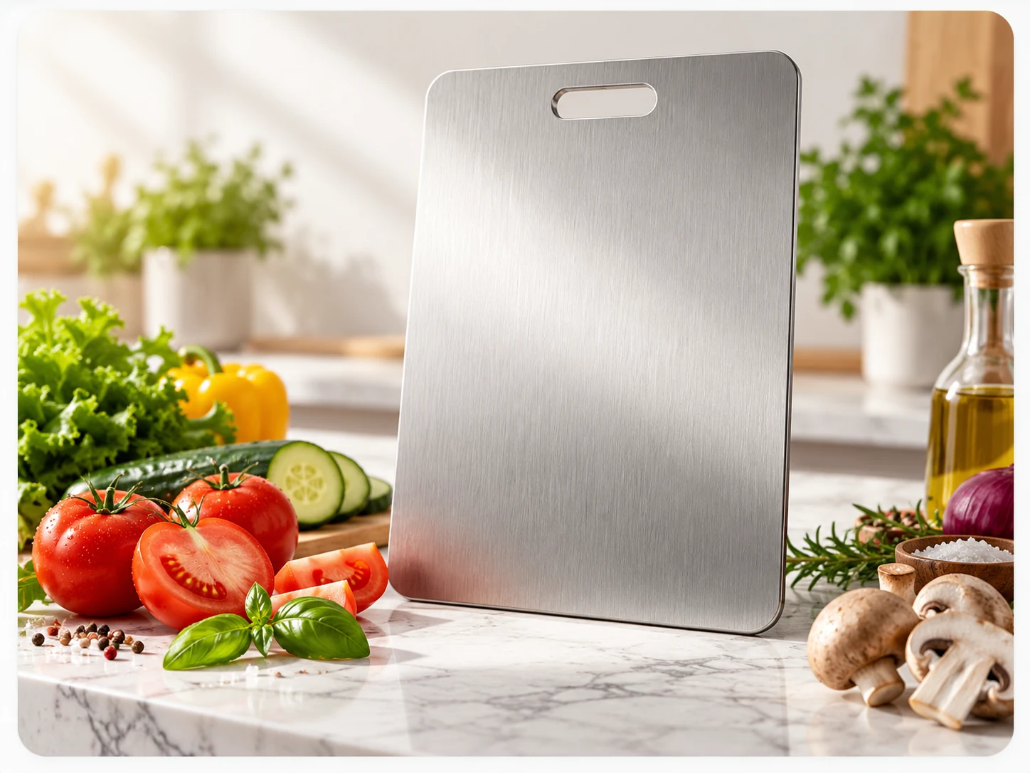 Titanium-style cutting board shown with fresh vegetables in a kitchen